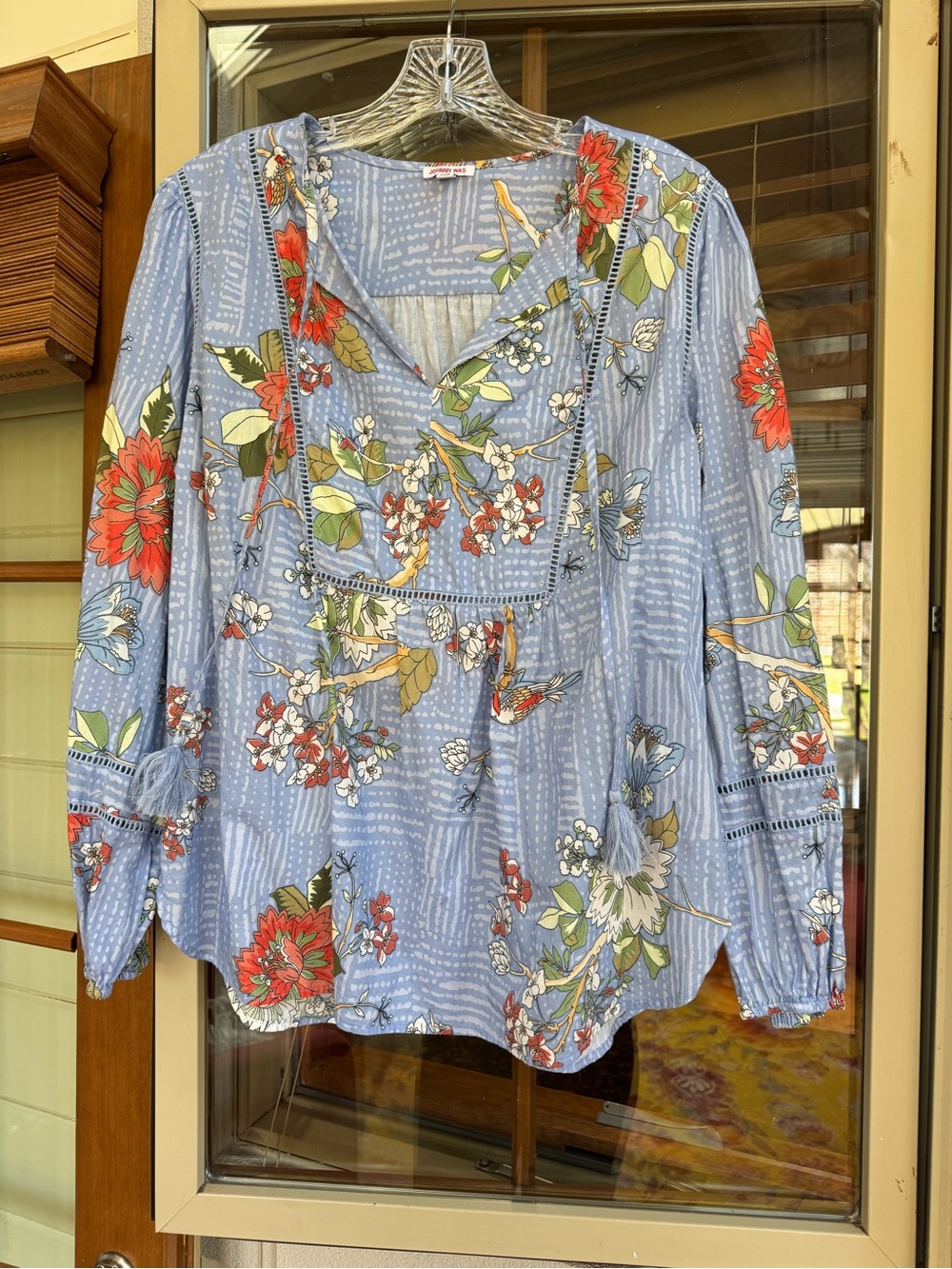 Johnny Was Light Blue Floral Peasant Blouse with Tassel Tie